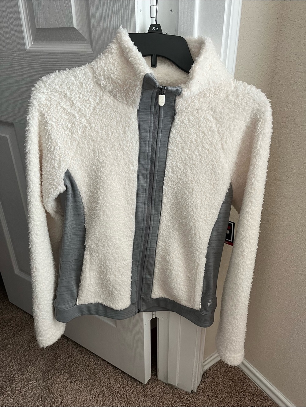 Women's Cream Sherpa Zip-Up Jacket with Gray Trim